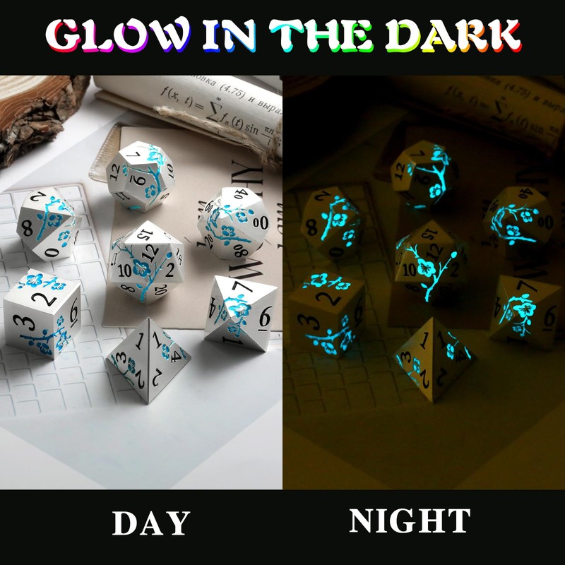 Glow in The Dark Flower Metal Dice, DNDND 7 PCS