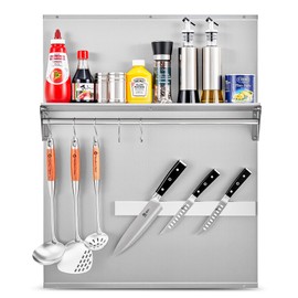 Wilprep Range Backsplash, 24"x30" Stainless Steel Backsplash with Storage Shelf & Magnetic Knife Rack, Range Hood Stainless Steel Backsplash for Stove, Range Hood Wall Shield with Pre-Drilled Holes…