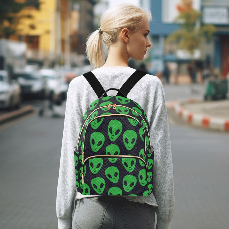 Yasala Women Fashion Backpack Green Aliens Face Sturdy Daily Bag