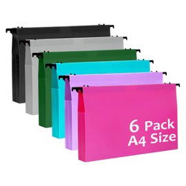 Acidea A4 Suspension Files, 6PCS 2" Expanding Pocket Plastic Filing Cabinet Suspension File Folders with Tabs and Inserts for School Work Office Organization, Assorted Bright Colors