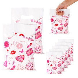 Gosknor 50pcs Pop Music Bags, Pink PE Material Singer Music Gift Bags Music Party Favor Bags with Guitar Microphone Disco Ball Patterns Birthday Goodie Bags Music Favor Bags for Music Theme Party