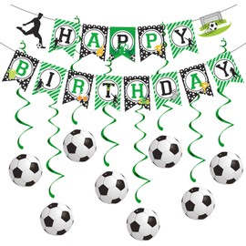 Soccer Theme Birthday Decoration Green Soccer Happy Birthday Banner Bunting Hanging Soccer Swirls Streamers for Boys Kids paler men Soccer Birthday Party Decorations Green