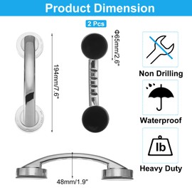 uxcell 2pcs Grab Bars for Bathtubs and Showers, 7.6" Mirror Glass Door and Window Handles Powerful Shower Suction Cup Anti-Slip Safety Bars for Senior Shower Chairs Silver Tone