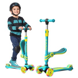 Aqua & Yellow 3 Wheel Scooter with Seat for Kids – Light-Up LED Wheels, Adjustable Handlebar and Seat, Smooth PU Wheels, Wide Anti-Slip Deck, Rear Foot Brake – Toddler Outdoor Toys for Ages 2+