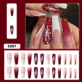 Christmas Press on Nails Long Coffin Fake Nails Red False Nails with Design Snowflake Glue on Nails Glossy Acrylic Nail Full Cover White French Tip Stick on Nails for Women Manicure 24Pcs