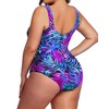 Daci Women Blue Leaves Plus Size One Piece Swimsuit Tummy