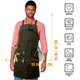 Under NY Sky Woodwork Apron - 12 pockets & loops, Waxed Canvas, Cross-Back, Leather Reinforcement - Carpenter, Mechanic, Workshop, Tool Aprons (Woodwork Green)