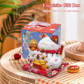 Nisorpa 11" Ceramic Lucky Cat Waving Arm, Maneki Neko Fortune Cat Statue with Auto-Swing Plastic Arm, Chinese Feng Shui Wealth Decor for Home Office Shop Decorative Gift for Good Luck & Prosperity