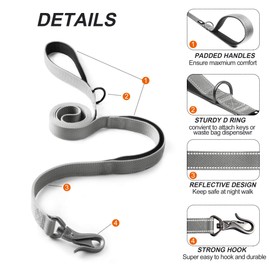 TwoEar 4FT 1IN Strong Gray Dog Leash with 2 Padded Handles, Traffic Handle Extra Control, Comfortable Soft Dual Handle, Auto Lock Hook, Reflective Walking Lead for Small Medium and Large Dogs