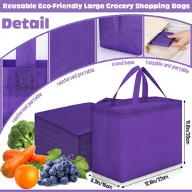Windyun 200 Pcs Reusable Grocery Bags 12.6 x 11.8 x 6.3 Inches Large Non Woven Shopping Bags Foldable Portable Tote Bags Bulk (Dark Purple)