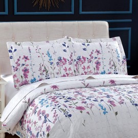 Summer Lightweight Thin Floral Quilts King Size,Purple Blue Lilac Flowers Green Leaves Botanical Bedspread Coverlet Set,Breathable Bed Cover with King Pillow Shams,Random Patterns