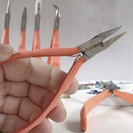 The Beadsmith 5.75" (145mm) Satin Touch 6-pc Plier Set & Case with chain, round, flat nose, side cutter, scissor & tweezer, with polished steel heads, contoured grip handles & double-leaf spring