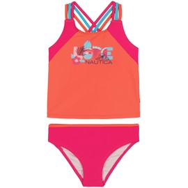 Nautica Girls' Two-Piece Bikini Swimsuit Set, UPF 50+ Sun Protection, Quick-Dry Bathing Suit, Hot Coral