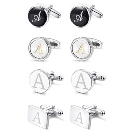 LOYALLOOK 4Pairs Initial A Men's Initial Letter Shirts Cufflinks Engraved Shirt Cufflink Alphabet Set Fashion Dazzle Tuxedo Cufflinks Business Wedding Father's DayGift