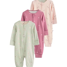 NEXT Baby Foot-Free Ribbed Pyjamas Pack of 3, Pastel Character
