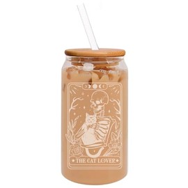 MIP 16oz Can Shaped Glass Iced Coffee Cup with Bamboo Lid and Straw Gift Tarot The Cat Lover Skull Funny
