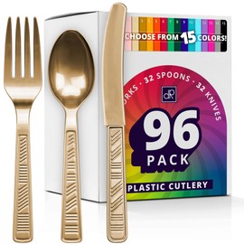 DecorRack Plastic Cutlery Set, Gold Colored Plastic Silverware Sets for Parties, 96 Piece Bulk Heavy Duty Utensils (Gold, 96 Pieces)