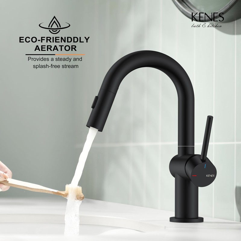 KENES Pull Down Bathroom Faucet with Sprayer, Matte Black Single