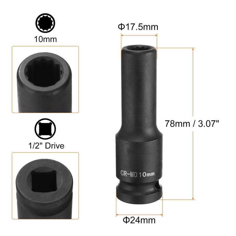 HARFINGTON 12-Point Deep Impact Socket 1/2 Inch Drive 10mm Metric