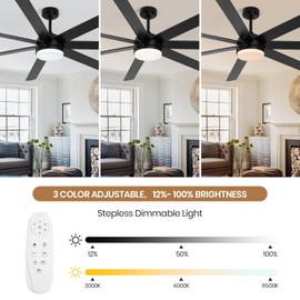 SODSEA 72 Inch Black Ceiling Fan with Light, Outdoor Ceiling Fan with Remote, 6-Speeds Reversible Motor, 7 Two-sided Blades Dimmable Noiseless, for Indoor Bedroom/Outdoor