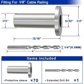Steel DN Mate 70 Pack Stainless Steel Protector Sleeves for 1/8" Wire Rope, Hardware for Deck/Cable Railing System, T316 Marine Grade, Sleeves Come with a Drill Bit DE07