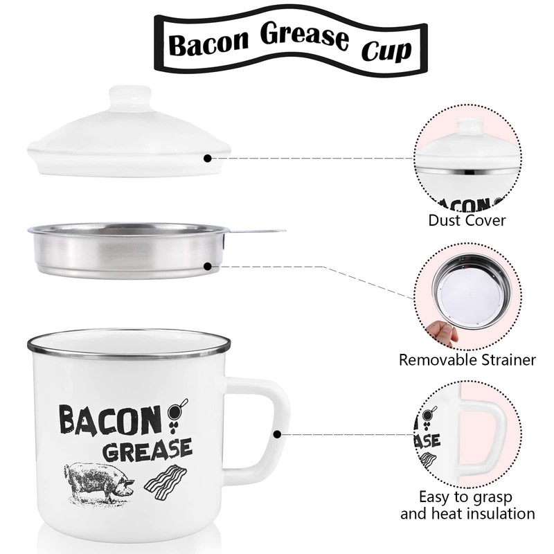 1.5L Bacon Grease Container with Strainer, 46oz Large Enamel Rustic