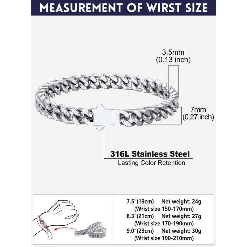 7mm Silver Cuban Link Bracelet, 21cm (8 Inches) Stainless Steel