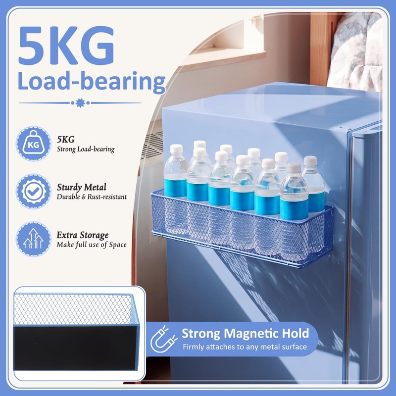 2 Pack Blue Magnetic Fridge Basket, 13.8 x 3.1 x