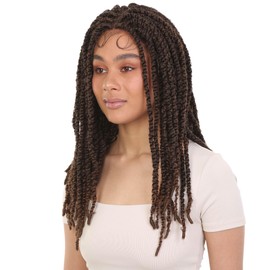 LUXLUXE Lika Curly Lika 24 in Long Lika 4X4 Hand Tied Lace Braid Braided Wig, Heat Resistant Fiber, BLT-0136 (Medium to Light Brown Ombre)