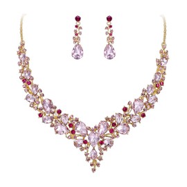 BriLove Women's Wedding Bridal Austrian Crystal Teardrop Cluster Statement Necklace Dangle Earrings Set Pink Gold-Toned