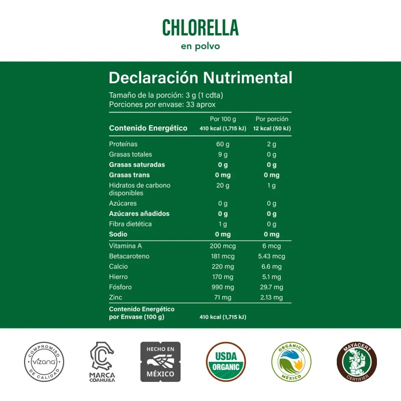 Chlorella Orgánica En Polvo 1 Kg Vizana Nutrition