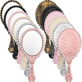 12 Pcs Vintage Handheld Mirror Embossed Flower Mirror Portable Cute Hand Mirror Decorative Hand Held Mirror with Handle Compact Vintage Travel Mirror Vanity Makeup Mirror for Girl Face Makeup, 6 Color