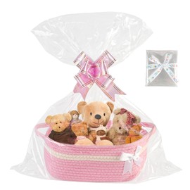 Gift Basket Empty, Woven Cotton Rope with Gift Bags and Ribbons, Hamper Baskets Empty With Handles, Cat Dog Toy Storage Basket for Baby Shower, Birthday,Wedding,Christmas (pink)