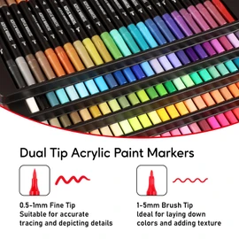 120 Colors Acrylic Paint Markers, Dual Tip Fine Tip and Brush Tip Pens Contain 24 Metallic Color for Stone, Wood, Calligraphy, Canvas, Ceramic, Metal, Glass, Rock Painting, DIY Crafts