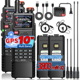 BAOFENG 5RH PRO GPS Ham Radio Handheld 10W Long Range Two Way Radio 3800 mAh Battery 640 Channels NOAA Weather Receiver with USB-C Charger Tri Band Antenna for Hunting Gear,2 Pack
