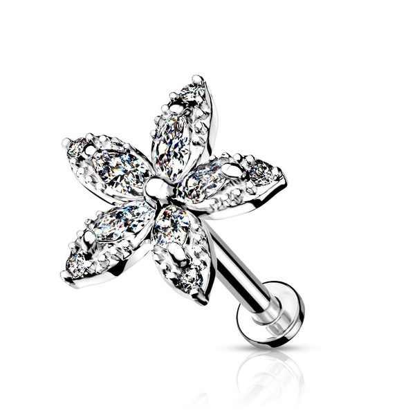 PiercedOff 316L Surgical Steel Labret with Marquise Clear CZ Flower