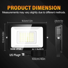 YOJZMA 50W Flood Lights Outdoor 5000 lm Super Bright Security Light with Plug IP66 Waterproof Luces para patios exteriores 6000K Cool White for Factory Garage Playground Yard