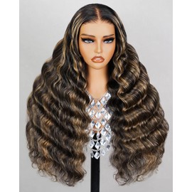 Megalook hair 12A Balayage Highlight Glueless Wigs Human Hair 6x5 HD Lace Closure Wigs Human Hair Loose Deep Wave Wig Human Hair Pre Plucked Pre Bleached Pre Cut Glueless Wig 22 Inch 1B/27