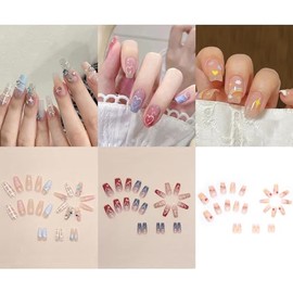 NIUANIUA Nail Tip, Popular, Japanese Style, Bride Nail, Shiny, False Nails, Cute, Round Tip, Fashion, 3D Nail Tip, Long, Nail Tip, 12 Sizes, 72 Pieces (Gradient Color)