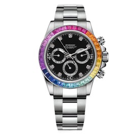 PINDU Automatic Watches for Men, Skeleton Watches for Men Analog Tourbillon Watch Starry Sky Dial 12-Hour Small Dial Moon Phase Mechanical Watch Blue Leather Strap… (Rainbow Case Black Dial) (6517)