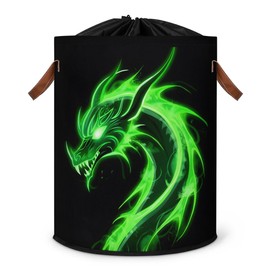 Green Dragon Large Laundry Basket, Kids Laundry Hamper with Handle, Round Collapsible Clothes Storage Organizer with Drawstring for Nursery Bathroom Bedroom