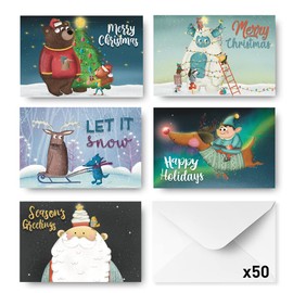 Rileys & Co 50 Assorted Christmas Cards Boxed With Envelopes, 5 Glittery Designs with Holiday Messages and Season's Greetings, Thick Folded Paper and Bright Cheerful Prints, 4 x 6 Inches, Xmas Stocking Stuffers, Merry Chrstimas, Holiday Cards