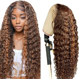 Weeybay 34 Inch Deep Wave Real Hair Wig Curls Highlight Wig Human Hair T Part 4 x 1 Lace Wig Real Hair Women Remy Long 150% Density Grade 8A Real Hair Wig 150% Density P430 Colour