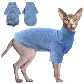 Idepet Sphynx Hairless Cats Sweater Shirt Kitten Soft Puppy Clothes Pullover Cute Cat Pajamas Jumpsuit Cotton Apparel Pet Winter Turtleneck for Cats and Teacup Chihuahua Small Dogs(Blue,L)
