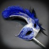 Handheld Stick Mask | Feather Masquerade Mask Blue Silver