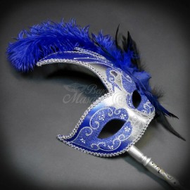 Handheld Stick Mask | Feather Masquerade Mask Blue Silver