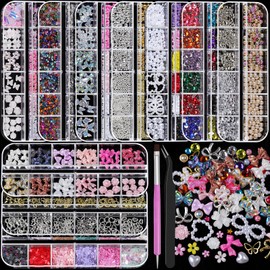 Nail Charms and Gems, Charms for Nails Design Kit with 10 Boxes 3D Nail Charms Colorful Clear Flatback Rhinestones Pearls,Diamonds,Picker Tools,Rhinestone Stickers
