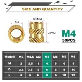 Fomiata Pack of 50 threaded inserts, M4 x 8 x 6 mm press-in nuts, brass embedding nuts, knurled nuts, plastic box for plastic parts by heat or ultrasound in 3D printer parts (M4*8 * 6mm-50pcs)