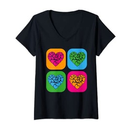 Womens Heart Shape Love Colorful Hearts Pop Art Heart V-Neck T-Shirt