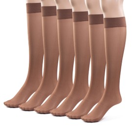 Silky Toes Sheer Knee High Stockings for Women, 6 Pairs Nylon Trouser Socks, Coffee, One Size